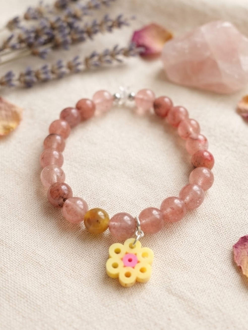 Hand Crafted Strawberry Quartz Beaded Bracelet with Yellow Flower Charm